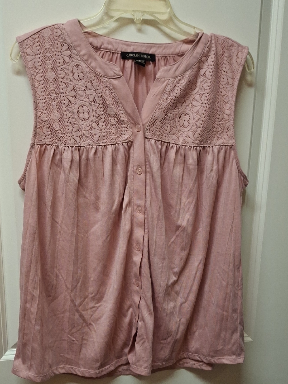 Carolyn Taylor Dusty Pink Sleeveless Button-Front Lace Yoke Top Size XL